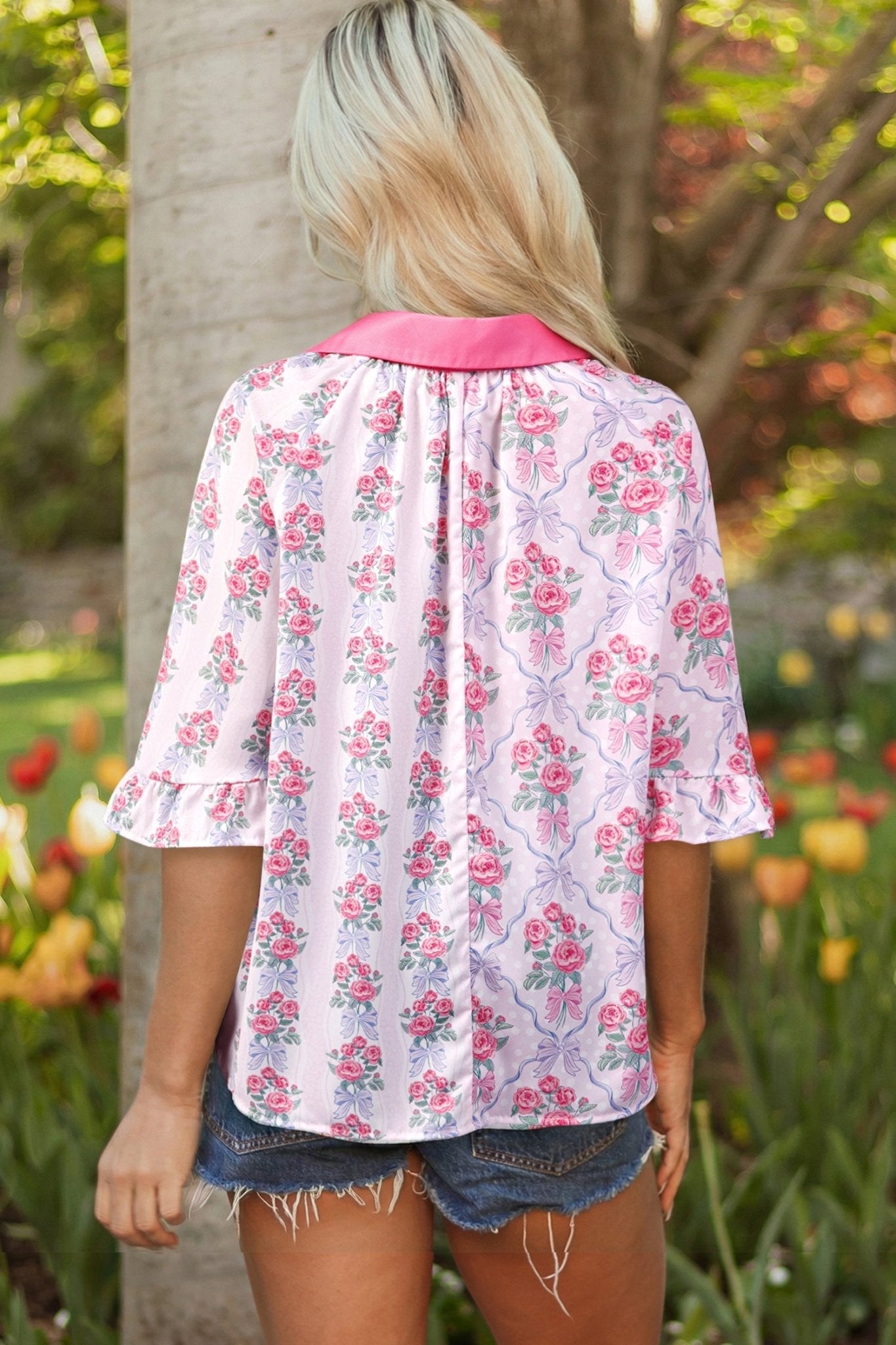 Floral Collared V-Neck Ruffle 3/4 Sleeve Shirt - Rooted & Reckless Co.