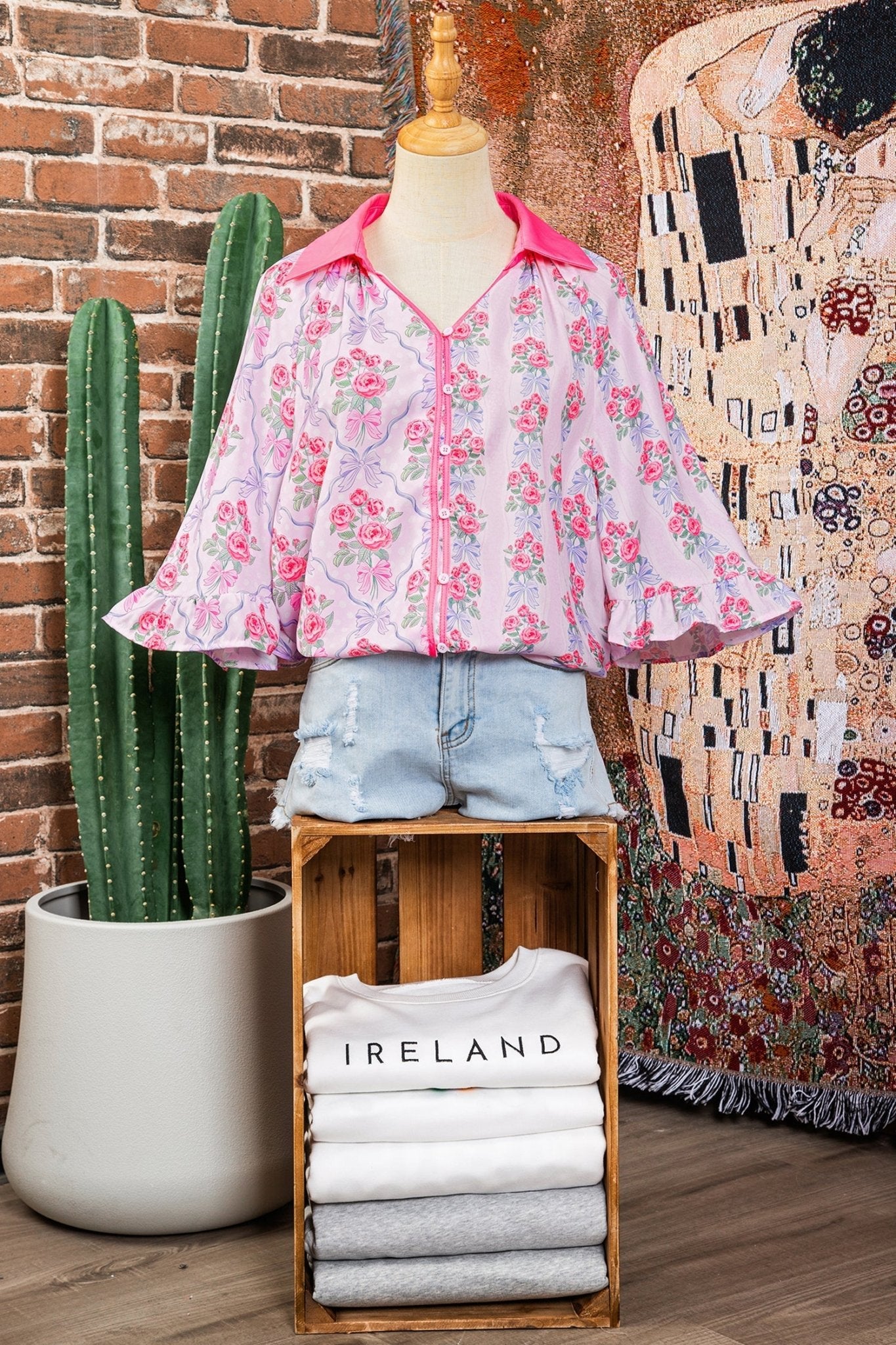 Floral Collared V-Neck Ruffle 3/4 Sleeve Shirt - Rooted & Reckless Co.