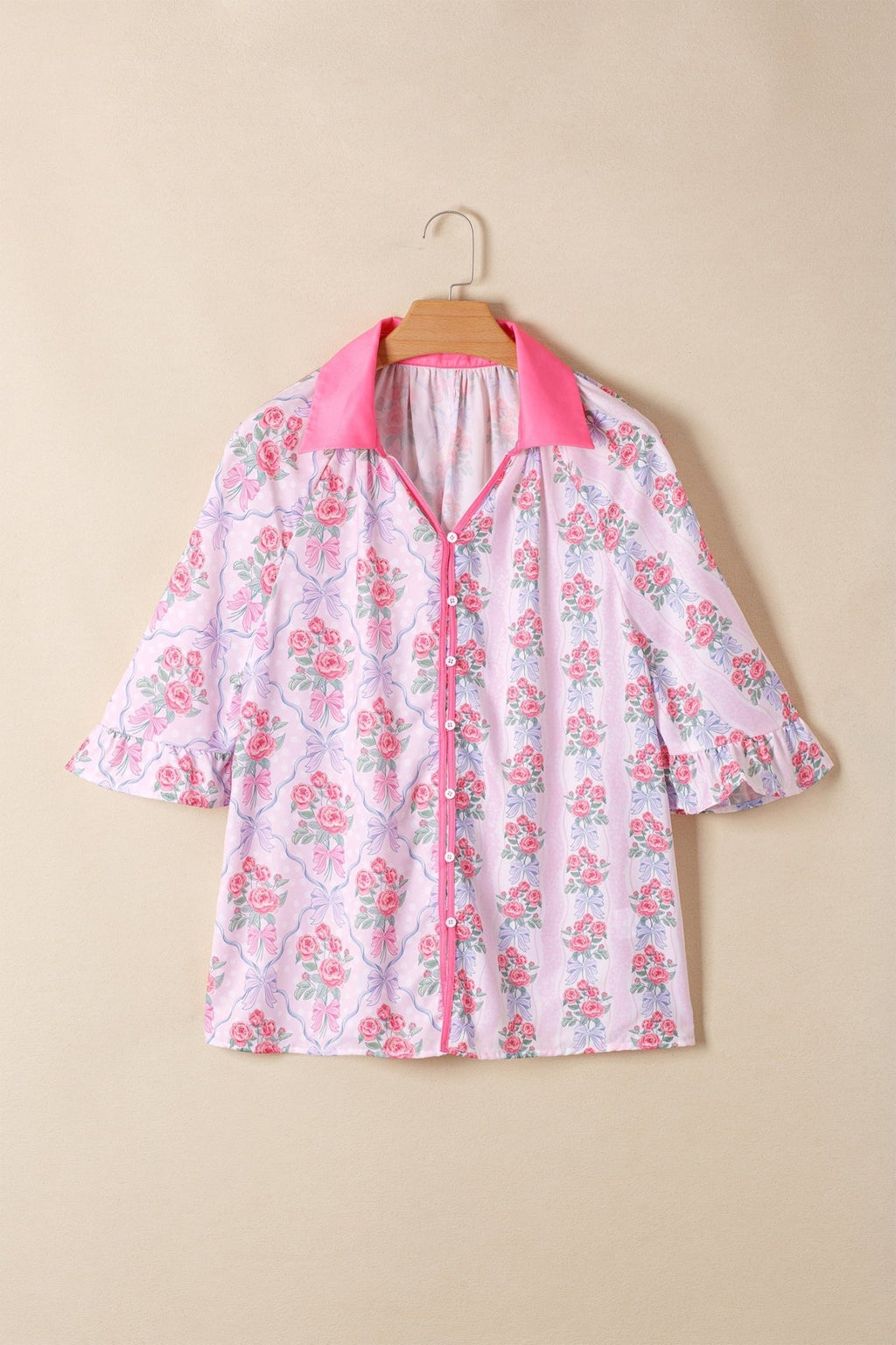Floral Collared V-Neck Ruffle 3/4 Sleeve Shirt - Rooted & Reckless Co.