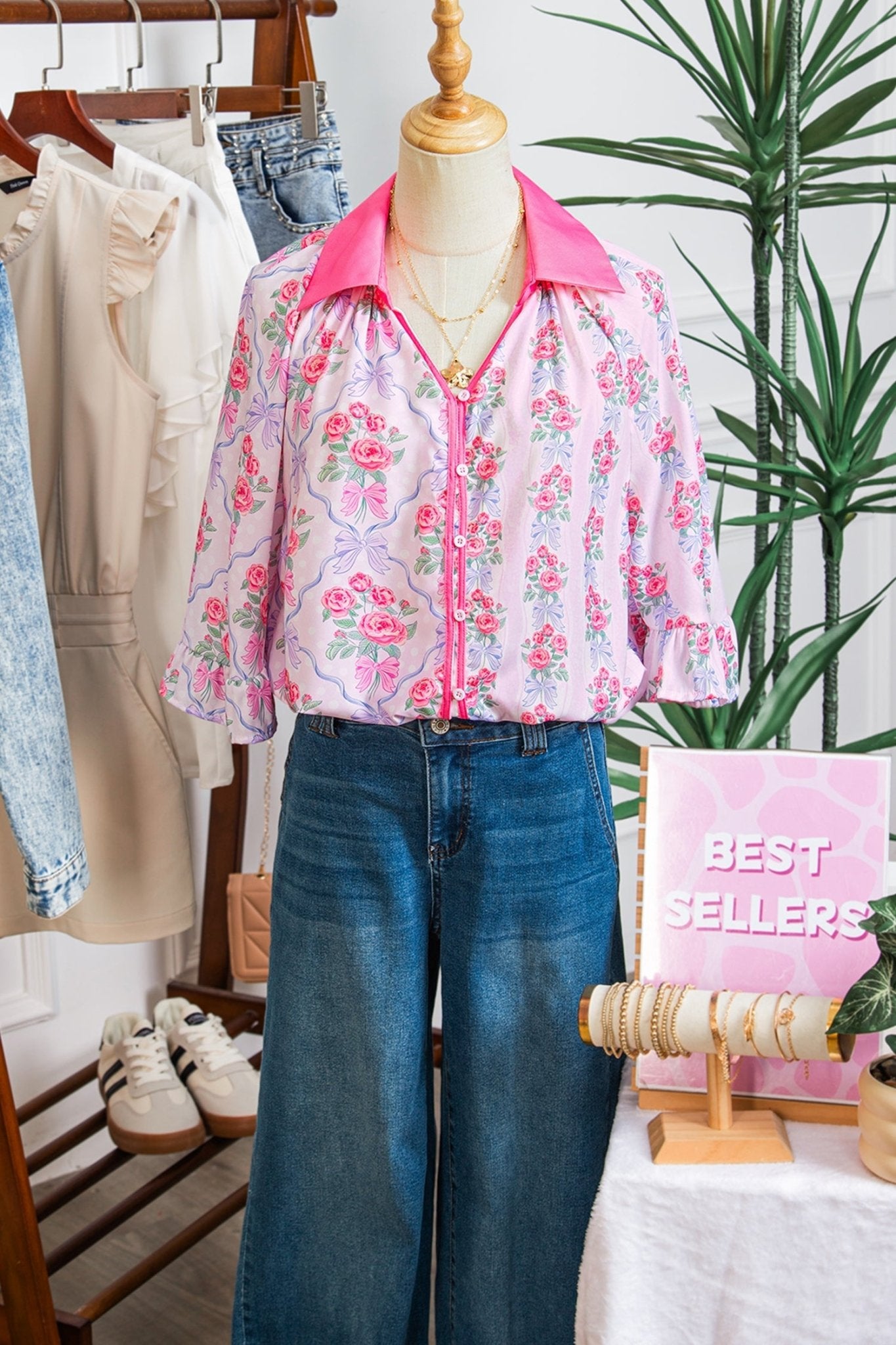 Floral Collared V-Neck Ruffle 3/4 Sleeve Shirt - Rooted & Reckless Co.