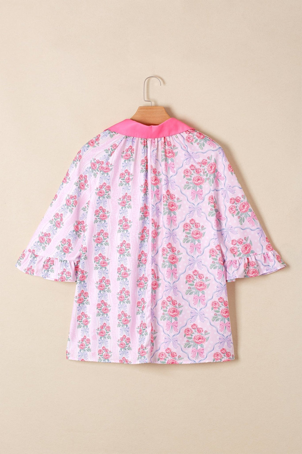 Floral Collared V-Neck Ruffle 3/4 Sleeve Shirt - Rooted & Reckless Co.
