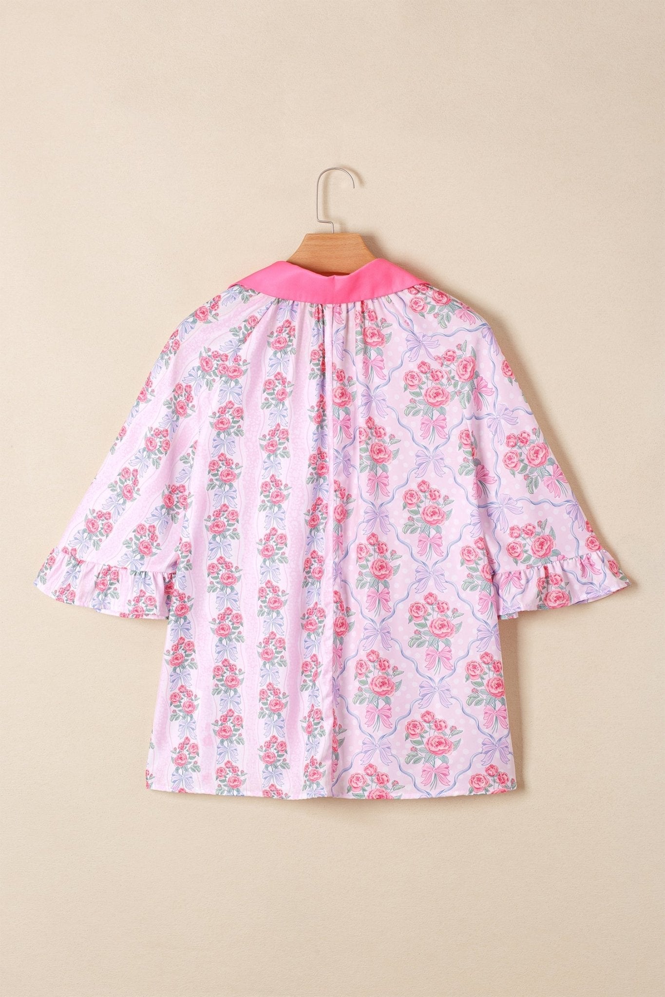 Floral Collared V-Neck Ruffle 3/4 Sleeve Shirt - Rooted & Reckless Co.