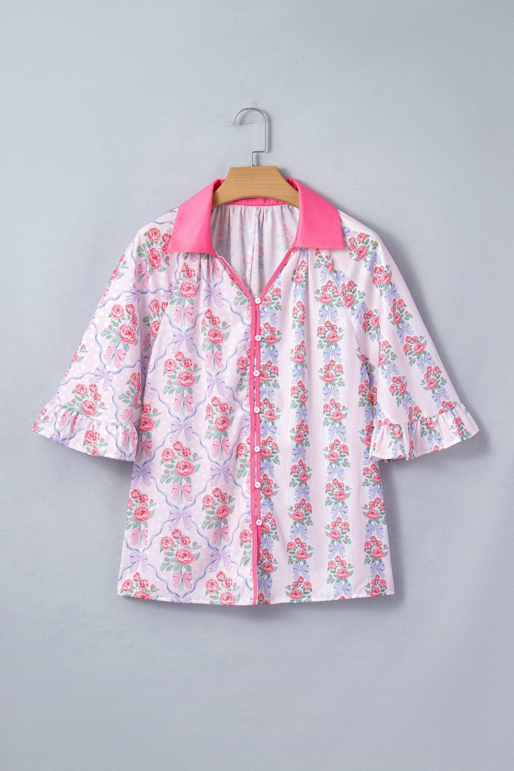 Floral Collared V-Neck Ruffle 3/4 Sleeve Shirt - Rooted & Reckless Co.
