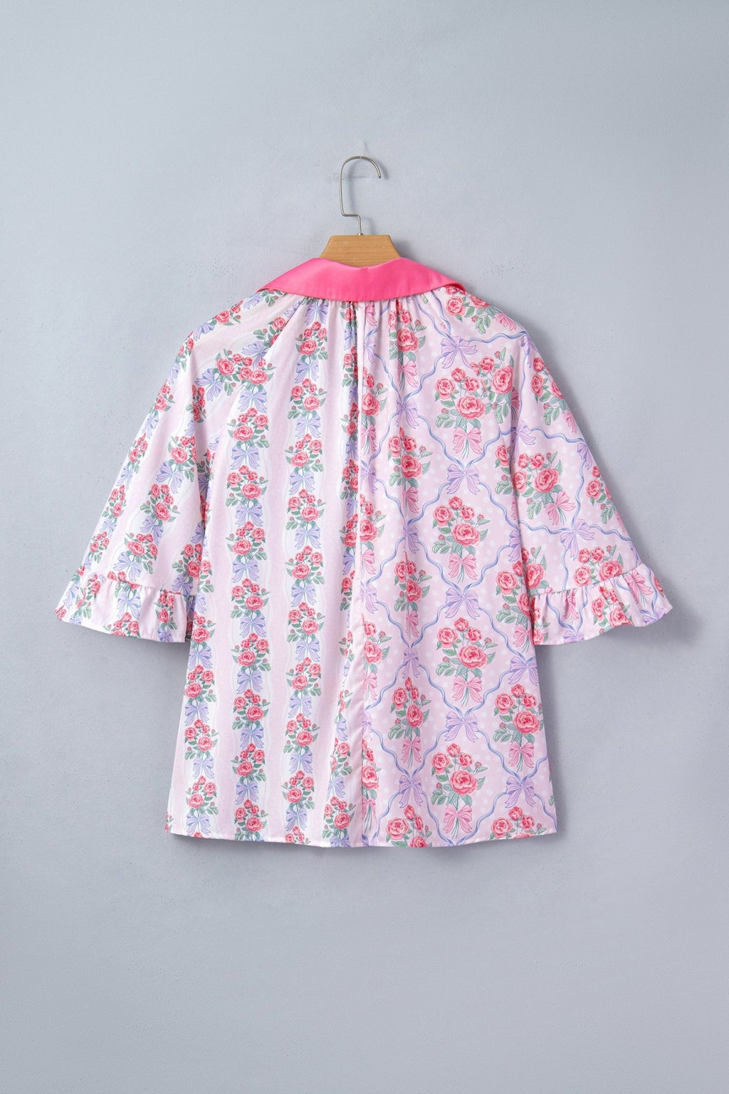 Floral Collared V-Neck Ruffle 3/4 Sleeve Shirt - Rooted & Reckless Co.