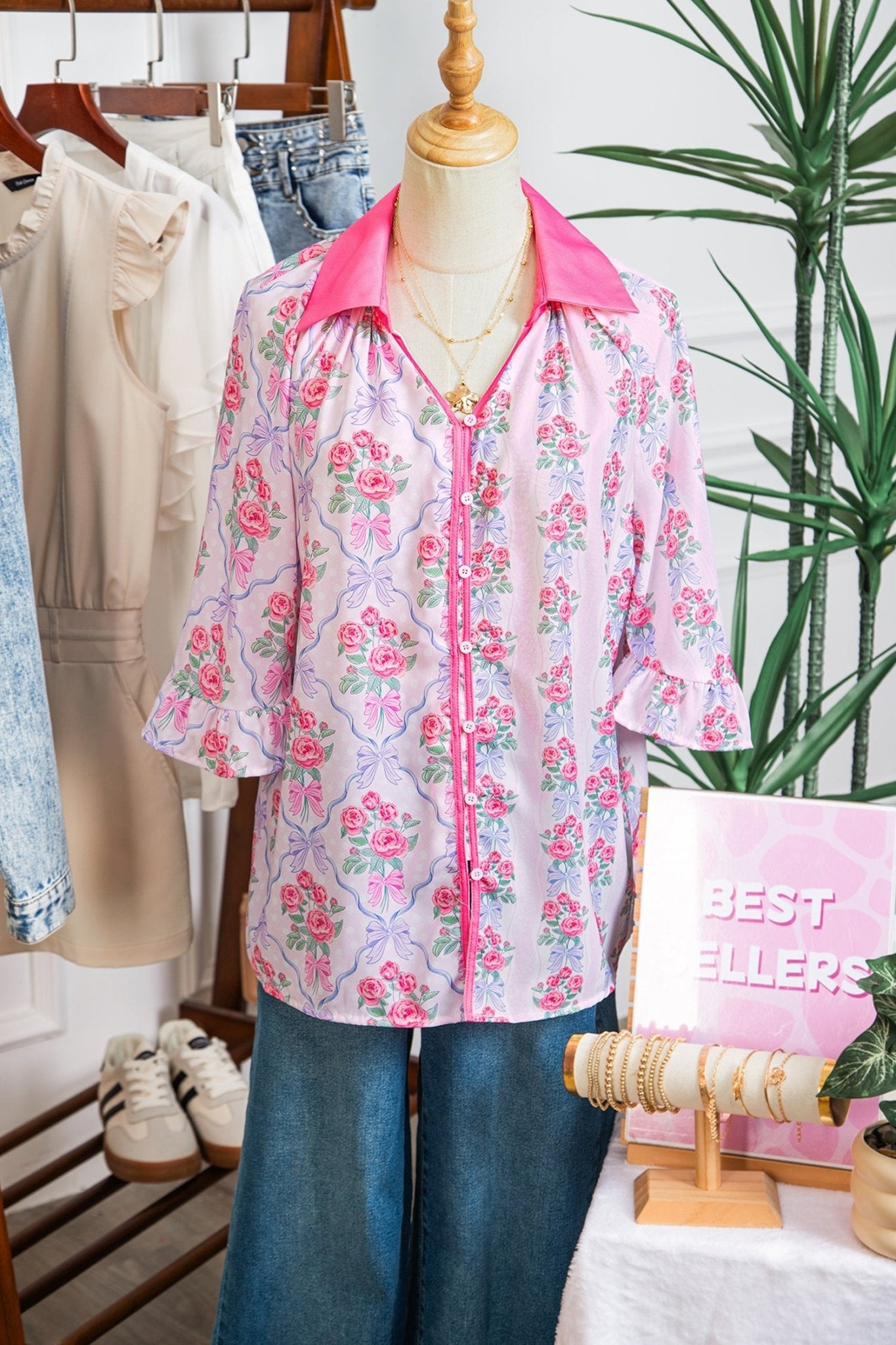 Floral Collared V-Neck Ruffle 3/4 Sleeve Shirt - Rooted & Reckless Co.