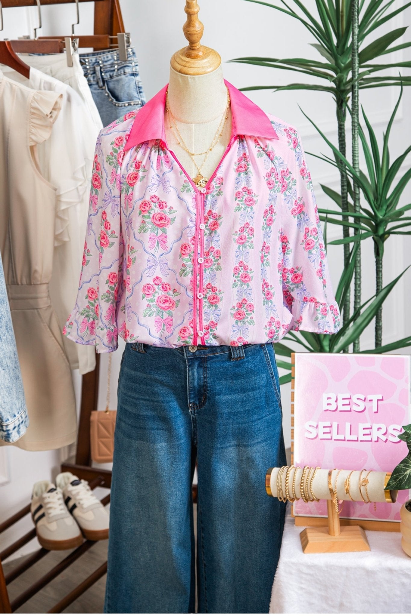 Floral Collared V-Neck Ruffle 3/4 Sleeve Shirt - Rooted & Reckless Co.