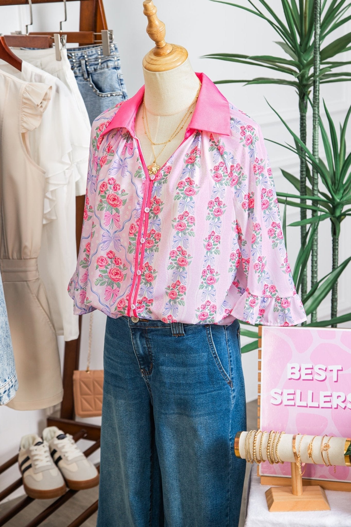 Floral Collared V-Neck Ruffle 3/4 Sleeve Shirt - Rooted & Reckless Co.
