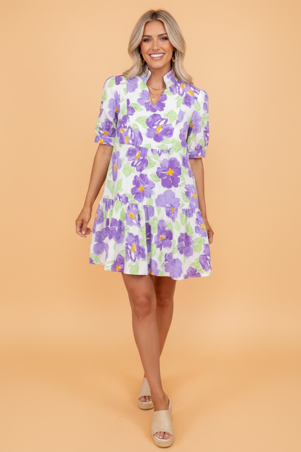 Floral Collared V-Neck Tiered Ruffle Mini Dress - Rooted & Reckless Co.