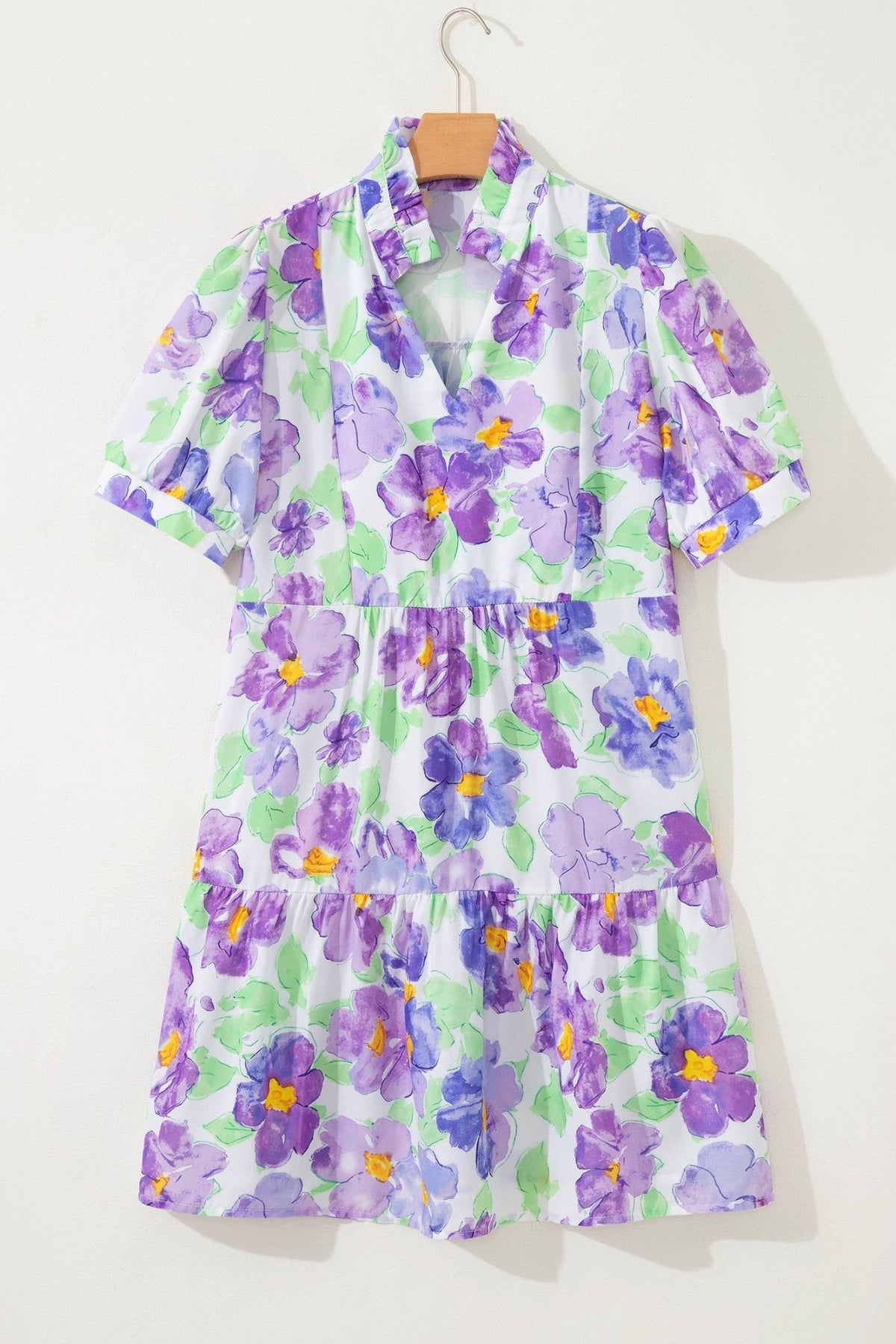 Floral Collared V-Neck Tiered Ruffle Mini Dress - Rooted & Reckless Co.