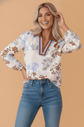 Floral Colorblock Collared V-Neck Long Sleeve Blouse - Rooted & Reckless Co.