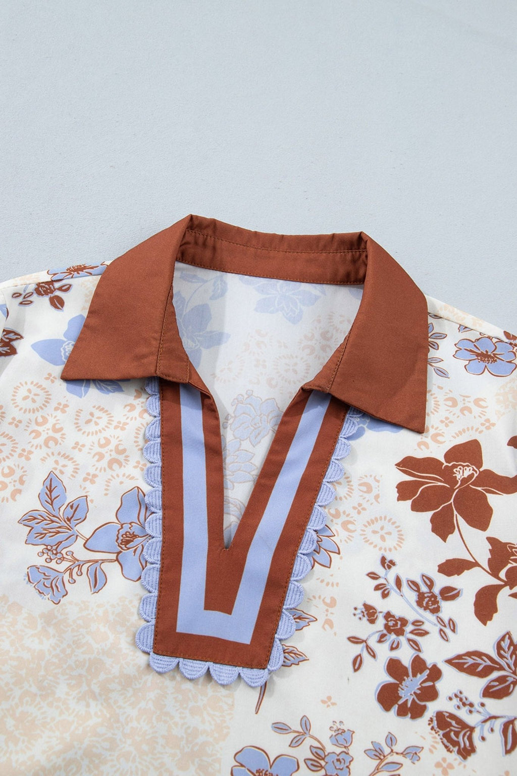 Floral Colorblock Collared V-Neck Long Sleeve Blouse - Rooted & Reckless Co.