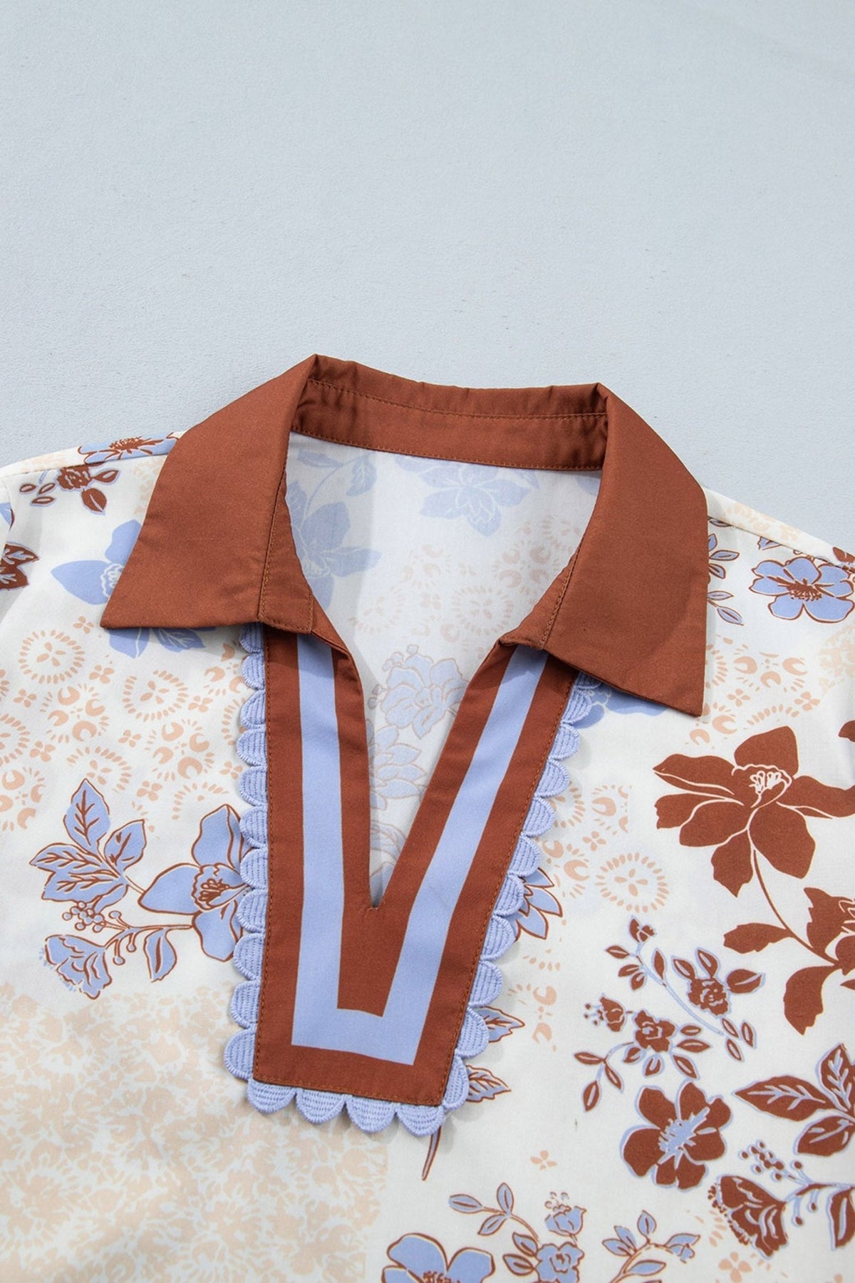 Floral Colorblock Collared V-Neck Long Sleeve Blouse - Rooted & Reckless Co.