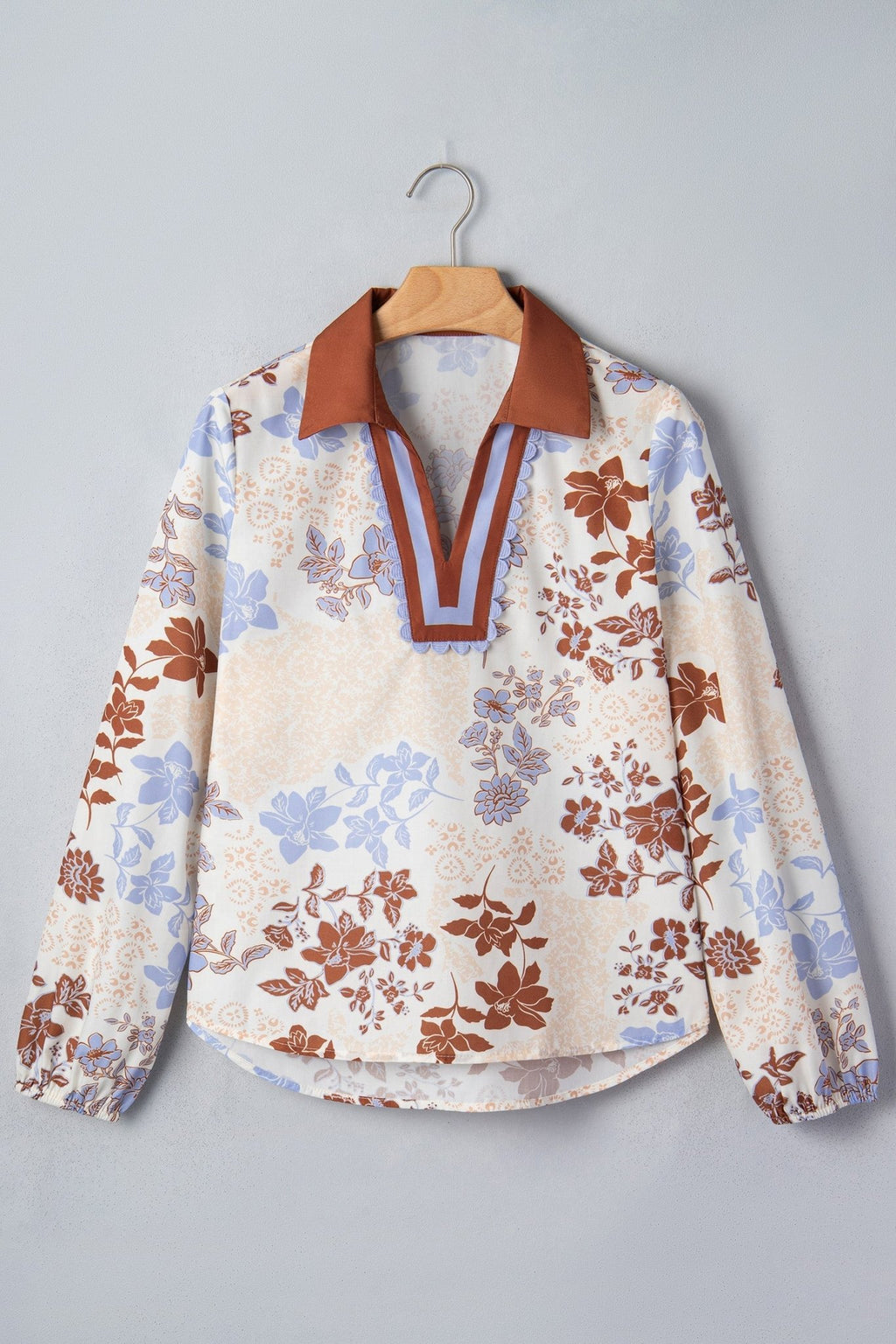Floral Colorblock Collared V-Neck Long Sleeve Blouse - Rooted & Reckless Co.