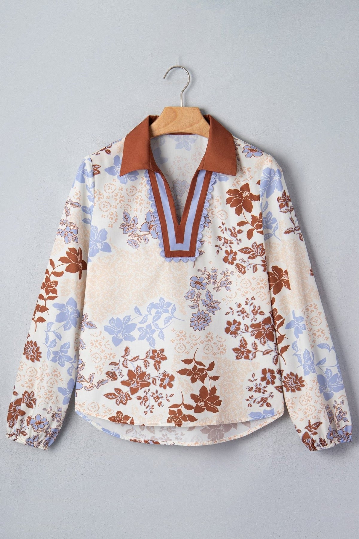 Floral Colorblock Collared V-Neck Long Sleeve Blouse - Rooted & Reckless Co.