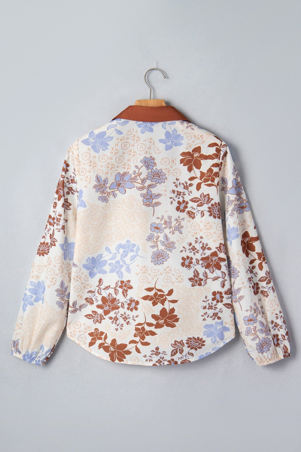 Floral Colorblock Collared V-Neck Long Sleeve Blouse - Rooted & Reckless Co.