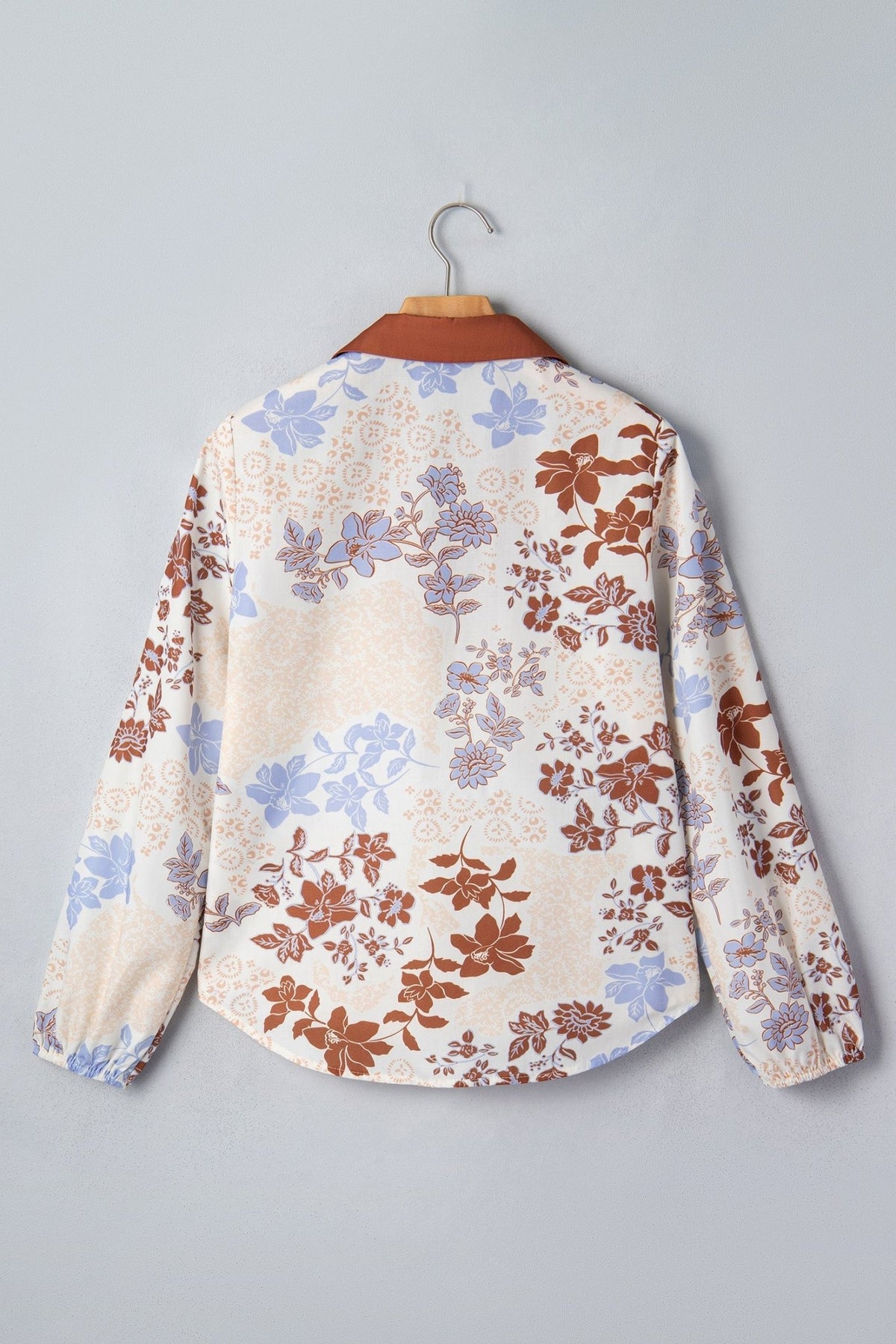 Floral Colorblock Collared V-Neck Long Sleeve Blouse - Rooted & Reckless Co.