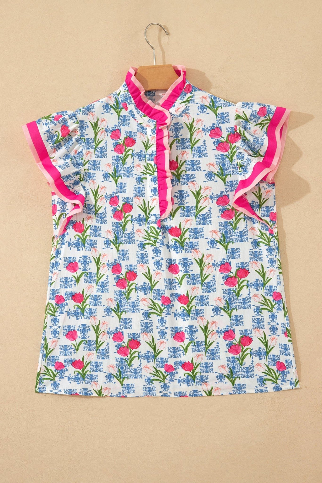 Floral Colorblock Flutter Sleeve Half Button Blouse - Rooted & Reckless Co.