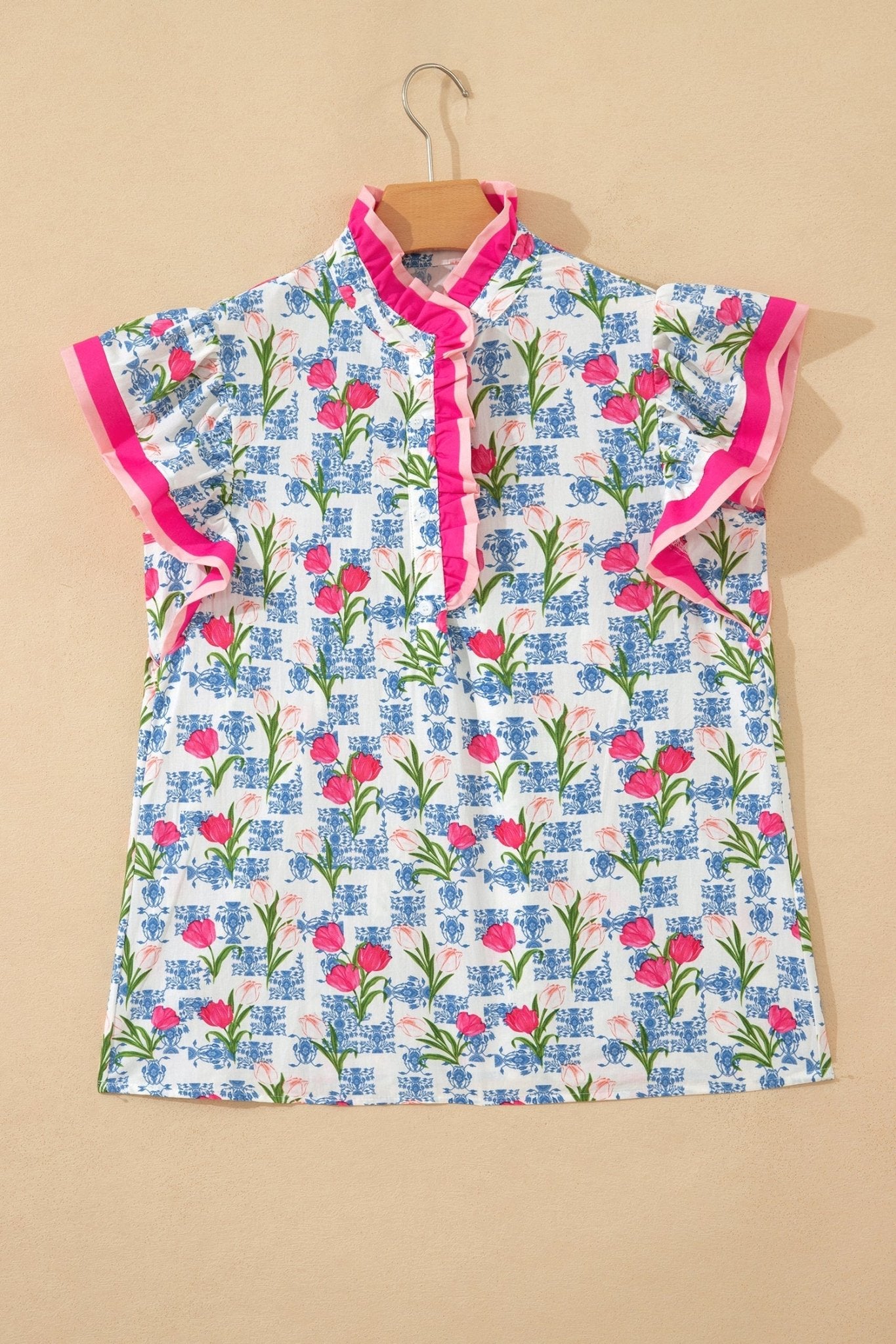 Floral Colorblock Flutter Sleeve Half Button Blouse - Rooted & Reckless Co.