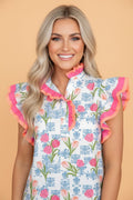Floral Colorblock Flutter Sleeve Half Button Blouse - Rooted & Reckless Co.