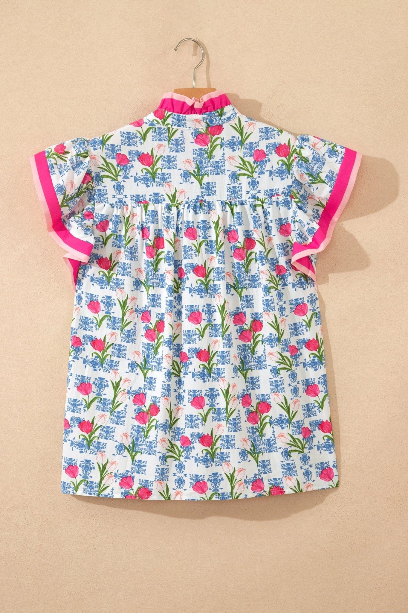Floral Colorblock Flutter Sleeve Half Button Blouse - Rooted & Reckless Co.