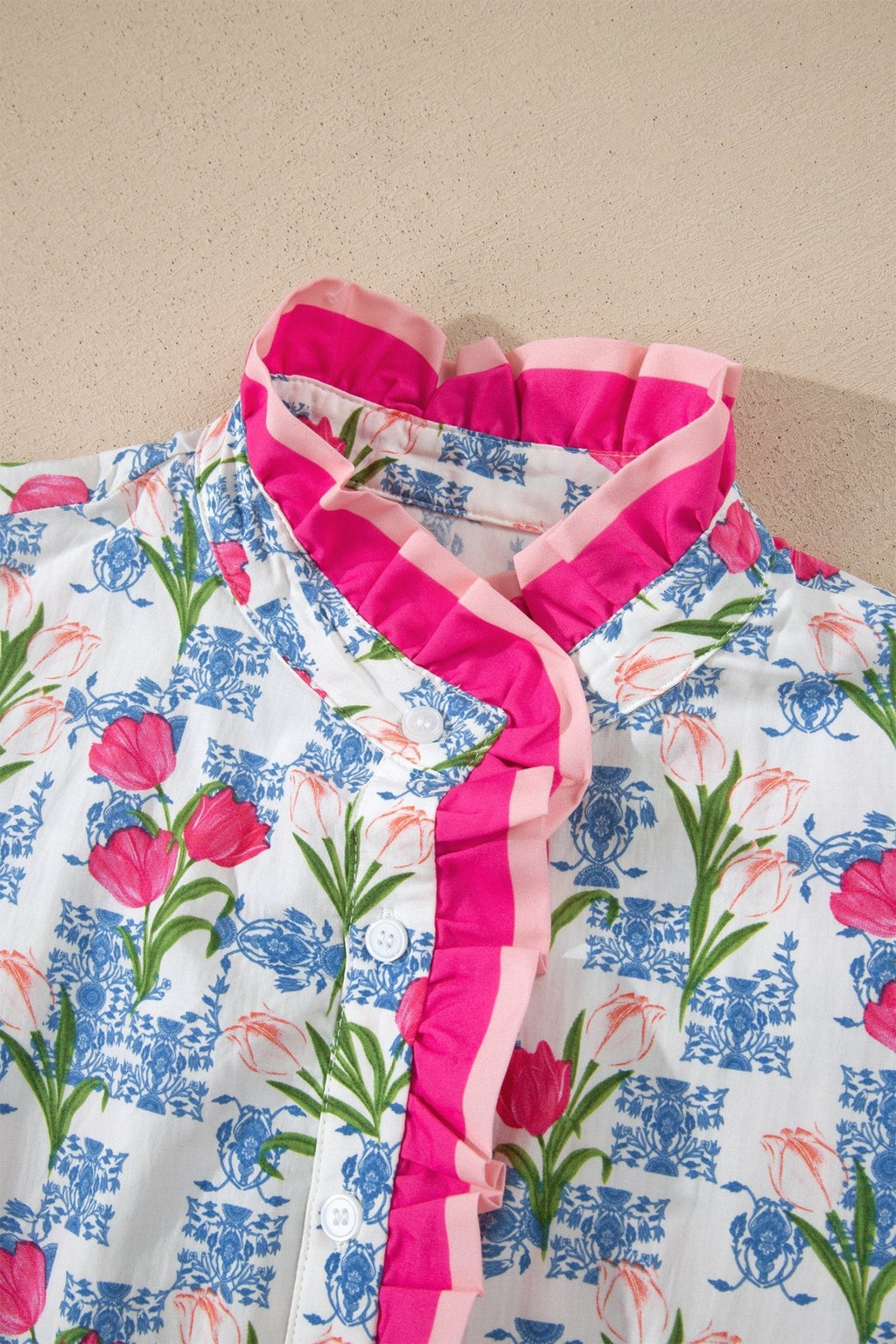 Floral Colorblock Flutter Sleeve Half Button Blouse - Rooted & Reckless Co.