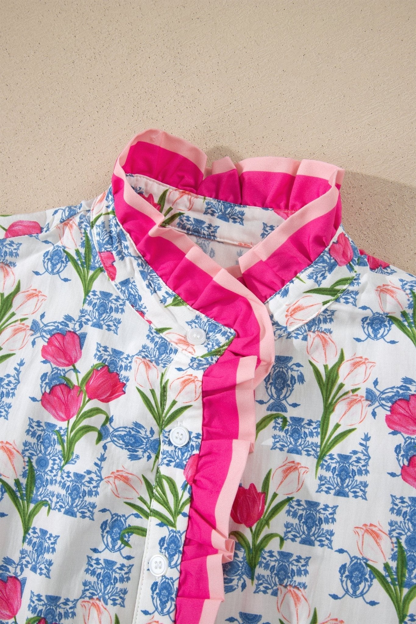 Floral Colorblock Flutter Sleeve Half Button Blouse - Rooted & Reckless Co.