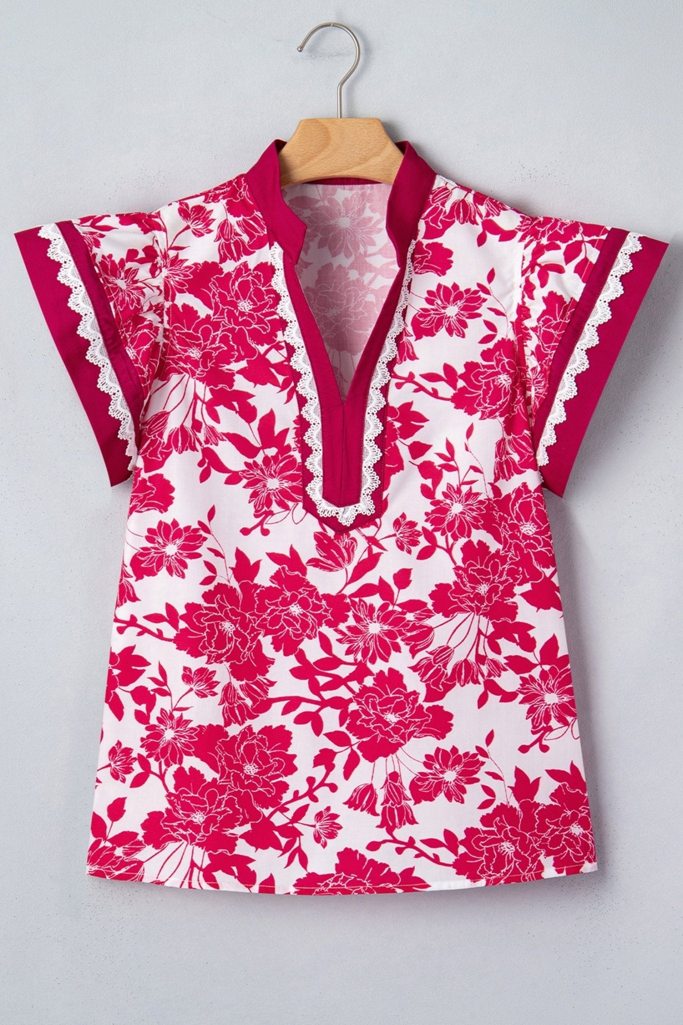 Floral Colorblock Lace V-Neck Flutter Sleeve Blouse - Rooted & Reckless Co.