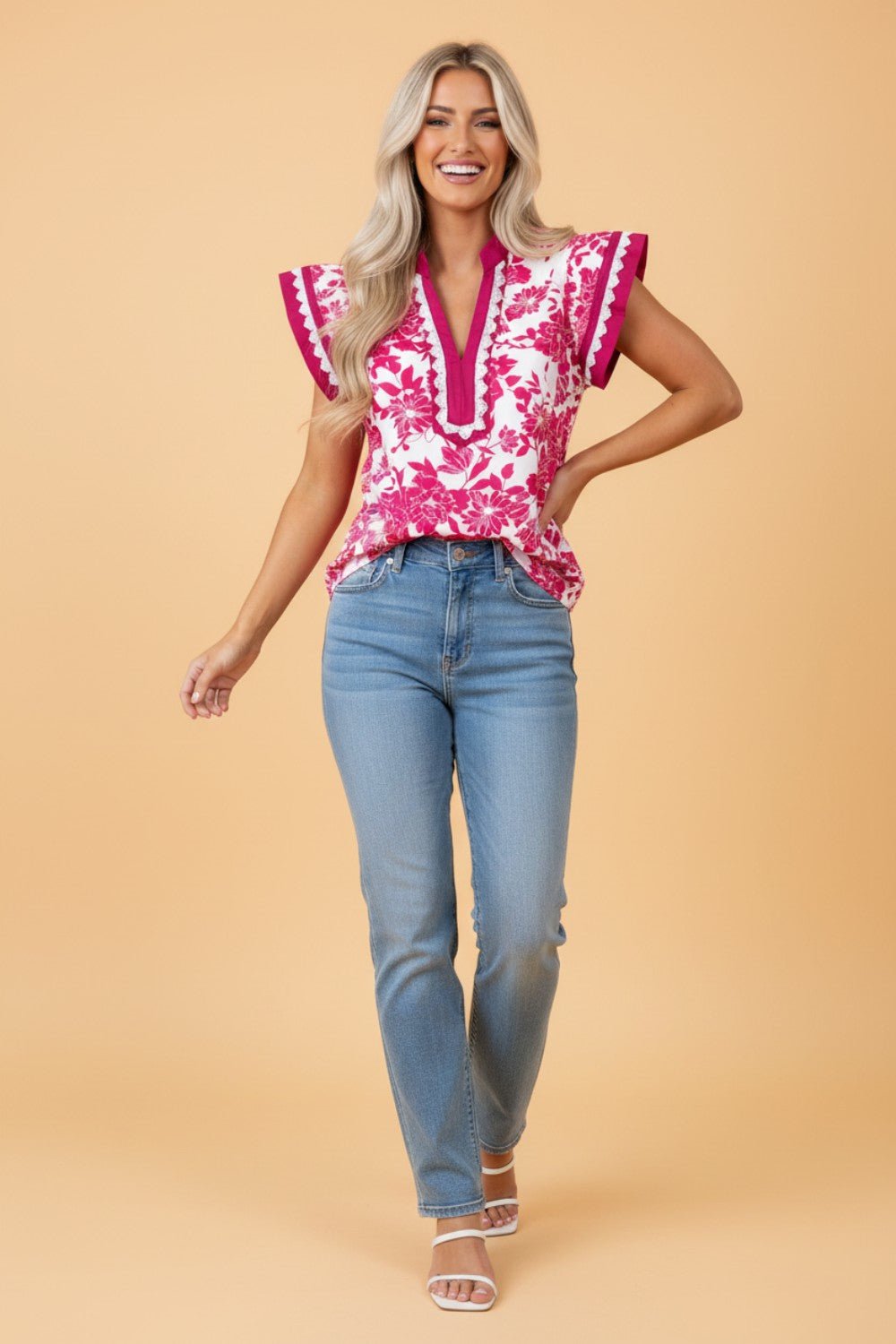 Floral Colorblock Lace V-Neck Flutter Sleeve Blouse - Rooted & Reckless Co.