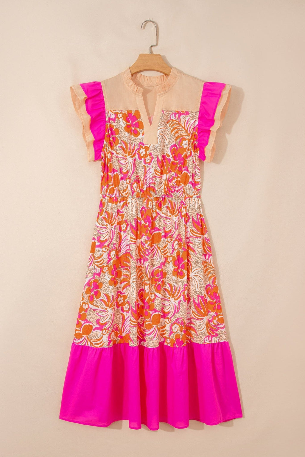Floral Colorblock Ruffle Short Sleeve Midi Dress - Rooted & Reckless Co.
