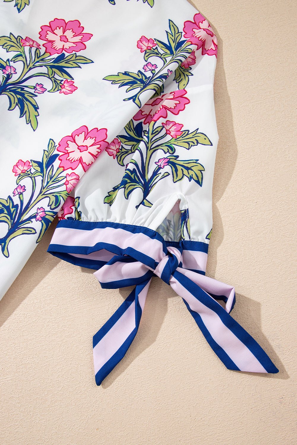 Floral Colorblock Stripe Knot Bubble Sleeve Blouse - Rooted & Reckless Co.