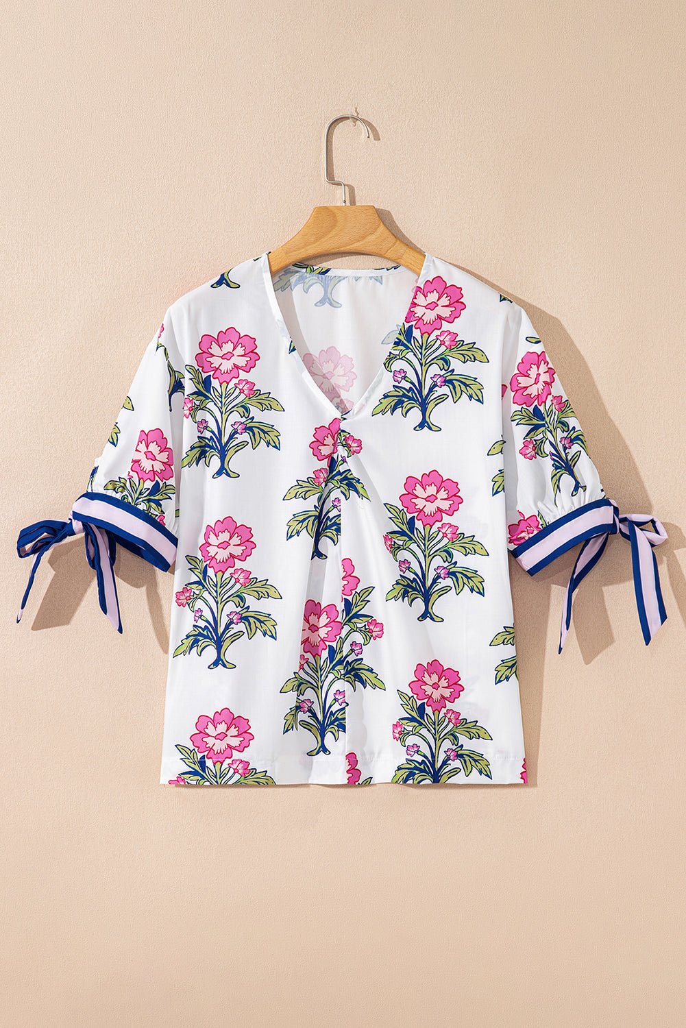Floral Colorblock Stripe Knot Bubble Sleeve Blouse - Rooted & Reckless Co.