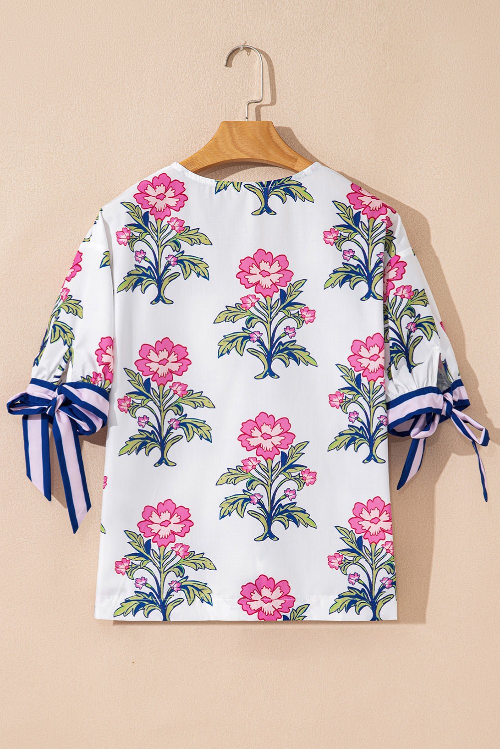 Floral Colorblock Stripe Knot Bubble Sleeve Blouse - Rooted & Reckless Co.