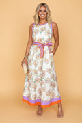 Floral Colorblock Trim Belted Sleeveless Maxi Dress - Rooted & Reckless Co.