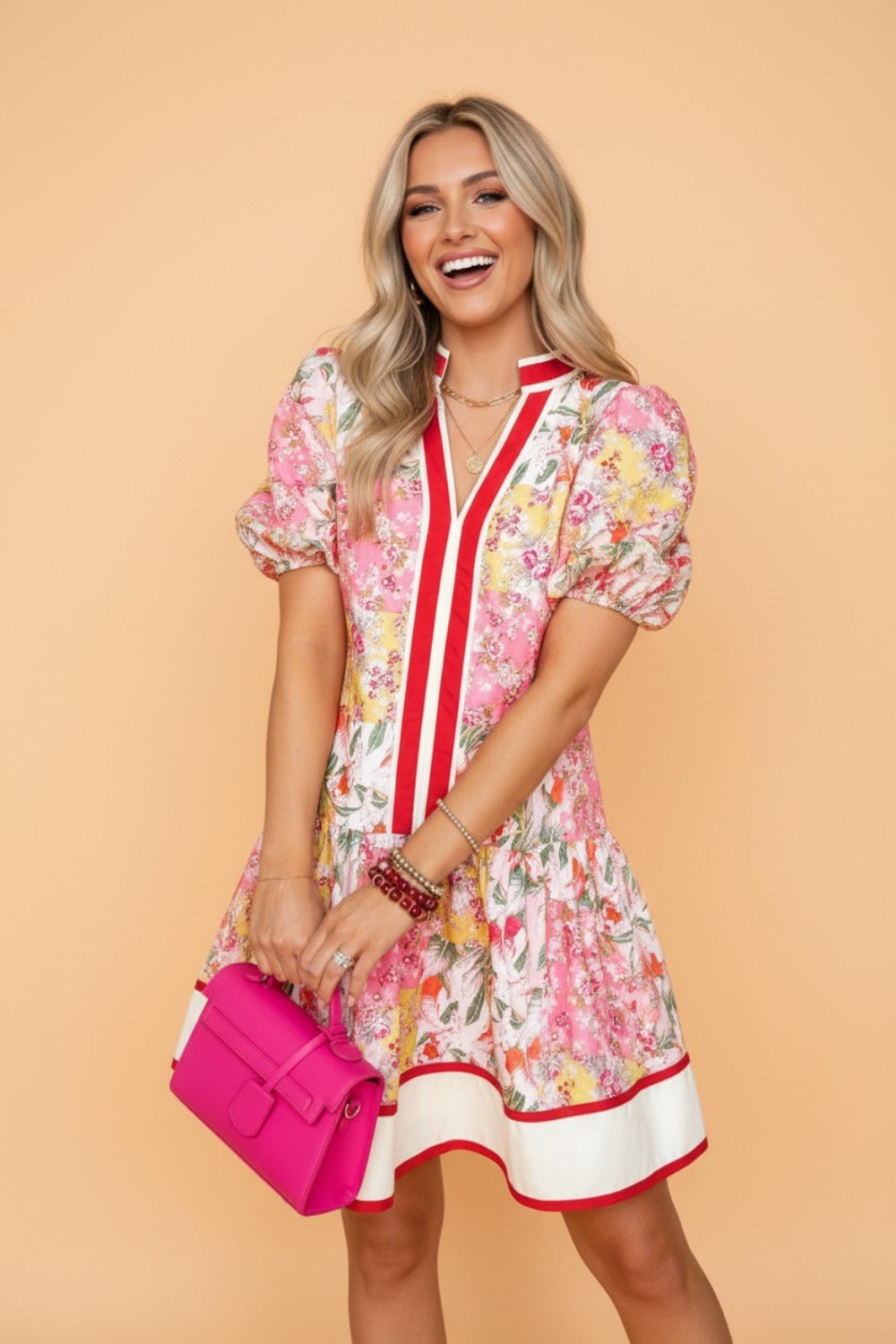 Floral Colorblock Trim V-Neck Ruffle Mini Dress - Rooted & Reckless Co.