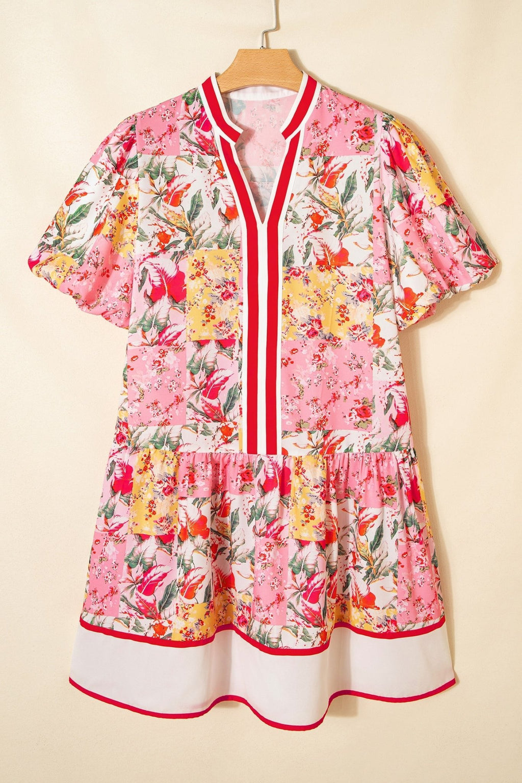Floral Colorblock Trim V-Neck Ruffle Mini Dress - Rooted & Reckless Co.