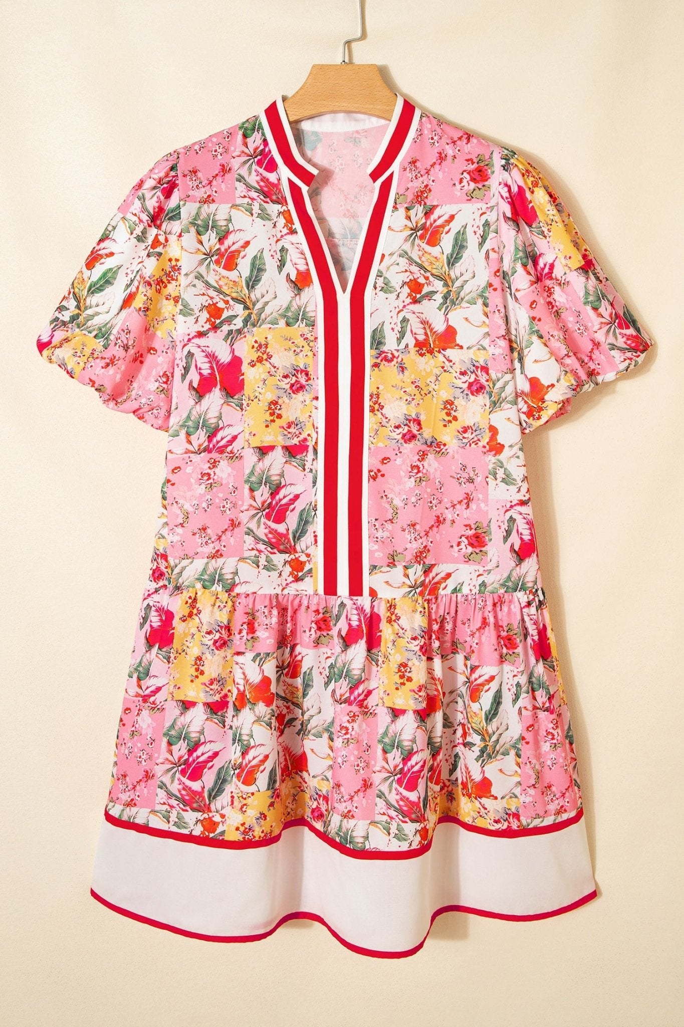 Floral Colorblock Trim V-Neck Ruffle Mini Dress - Rooted & Reckless Co.