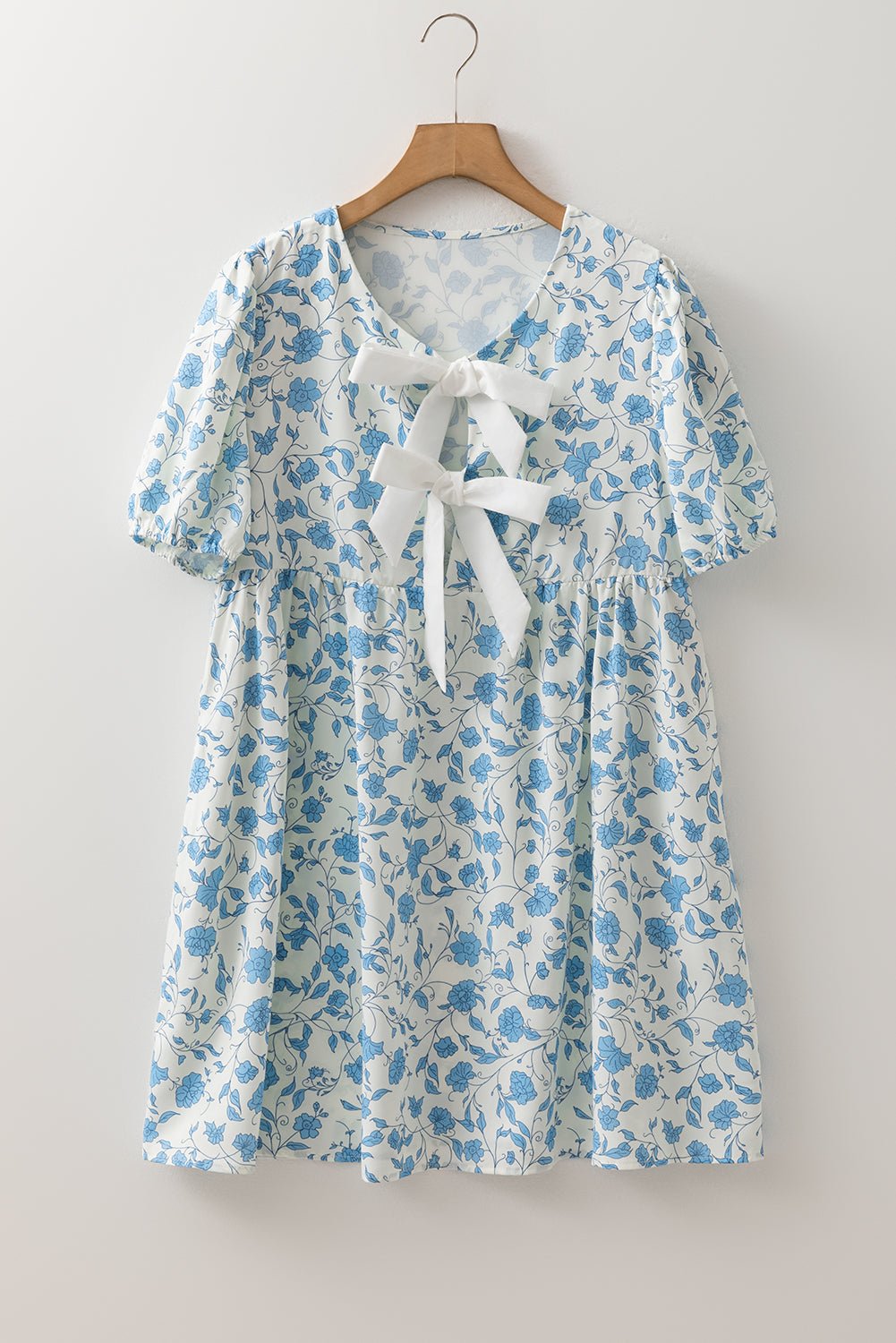 Floral Contrast Bow Puff Sleeve Mini Dress - Rooted & Reckless Co.