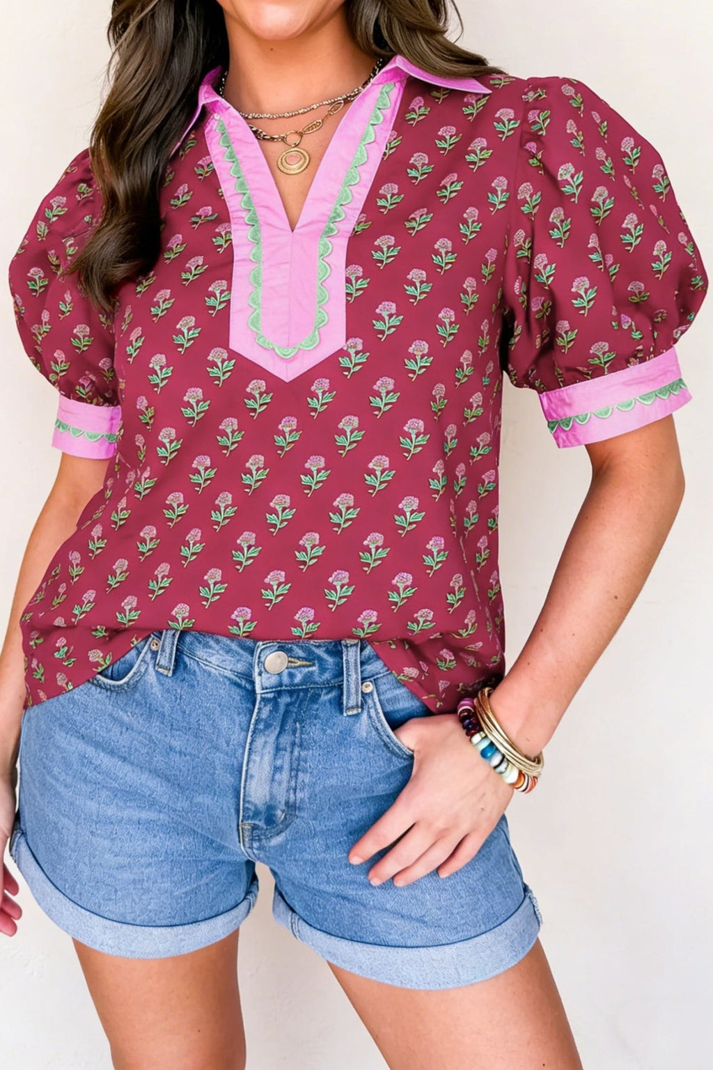 Floral Contrast Collared V-Neck Ricrac-Trim Blouse - Rooted & Reckless Co.