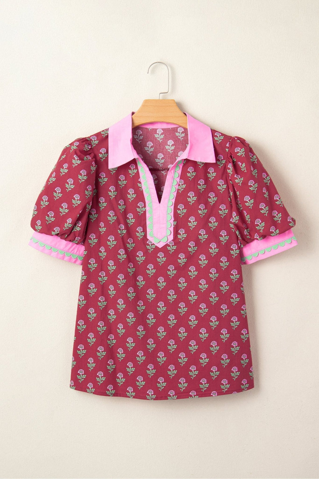 Floral Contrast Collared V-Neck Ricrac-Trim Blouse - Rooted & Reckless Co.
