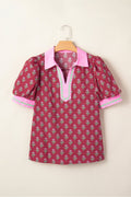 Floral Contrast Collared V-Neck Ricrac-Trim Blouse - Rooted & Reckless Co.
