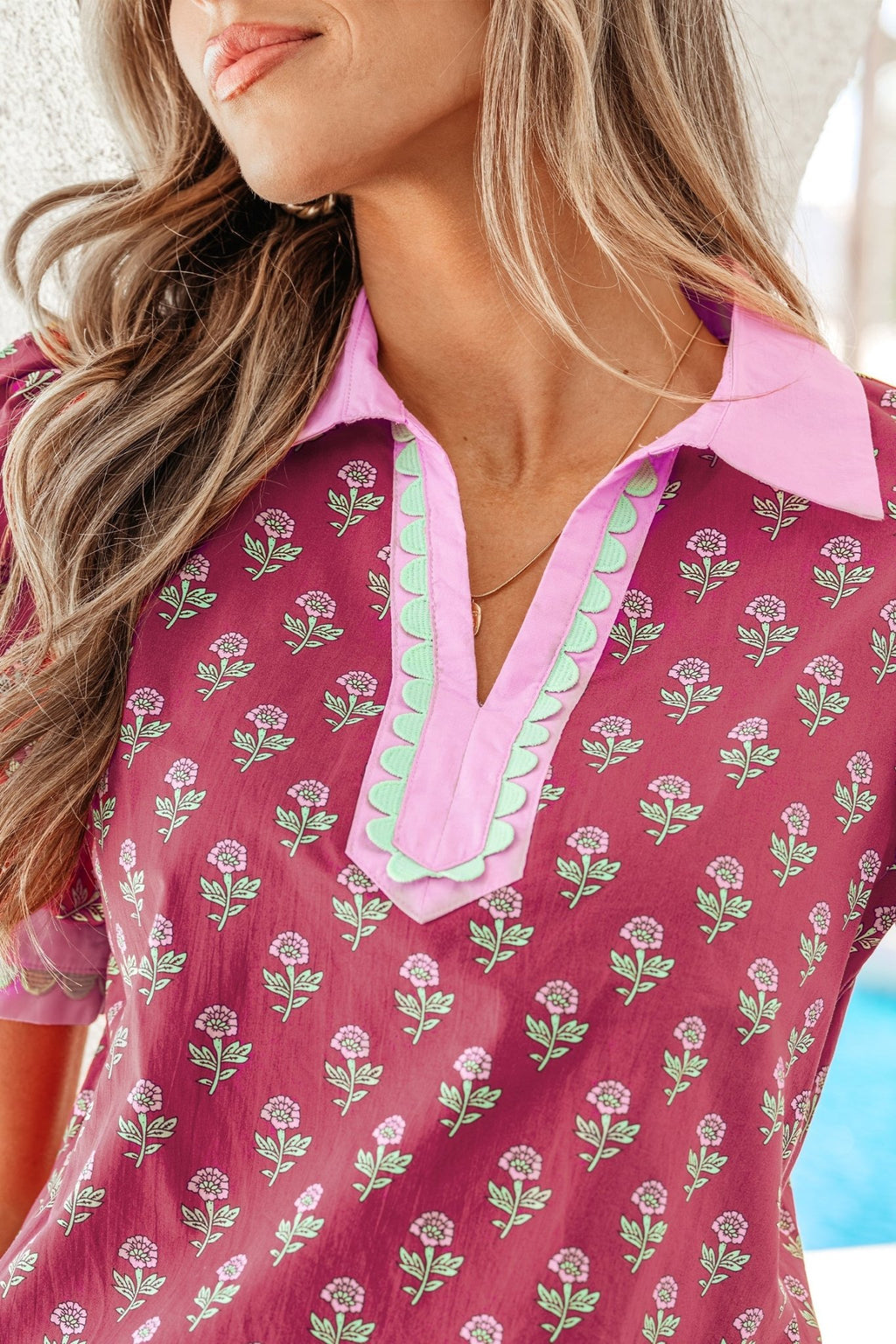 Floral Contrast Collared V-Neck Ricrac-Trim Blouse - Rooted & Reckless Co.
