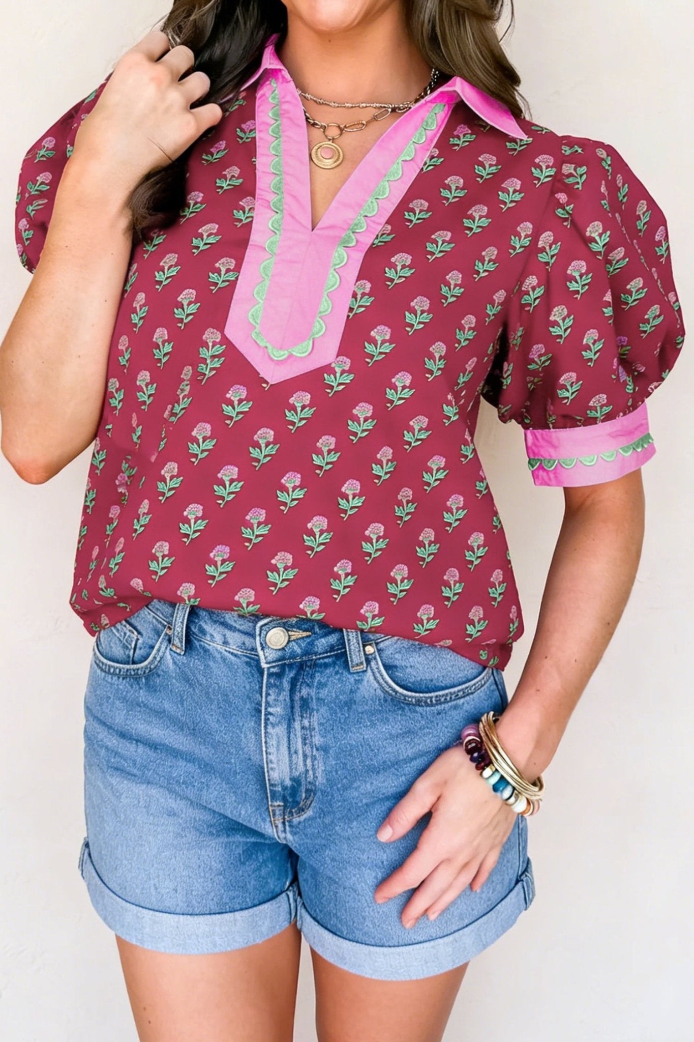 Floral Contrast Collared V-Neck Ricrac-Trim Blouse - Rooted & Reckless Co.