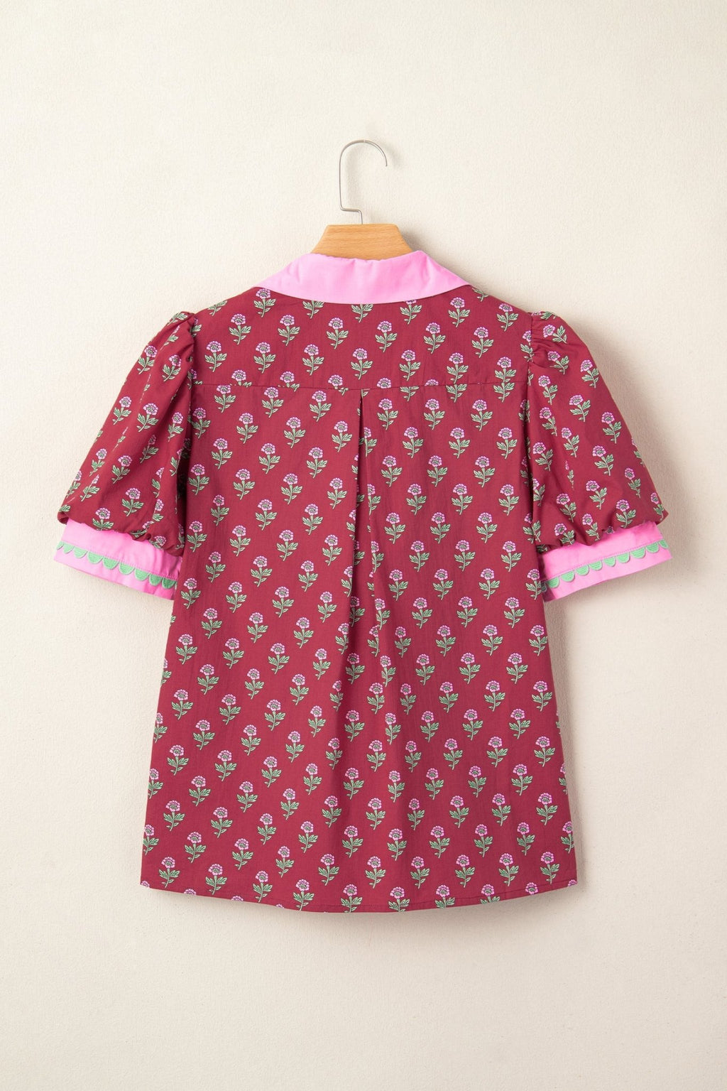 Floral Contrast Collared V-Neck Ricrac-Trim Blouse - Rooted & Reckless Co.