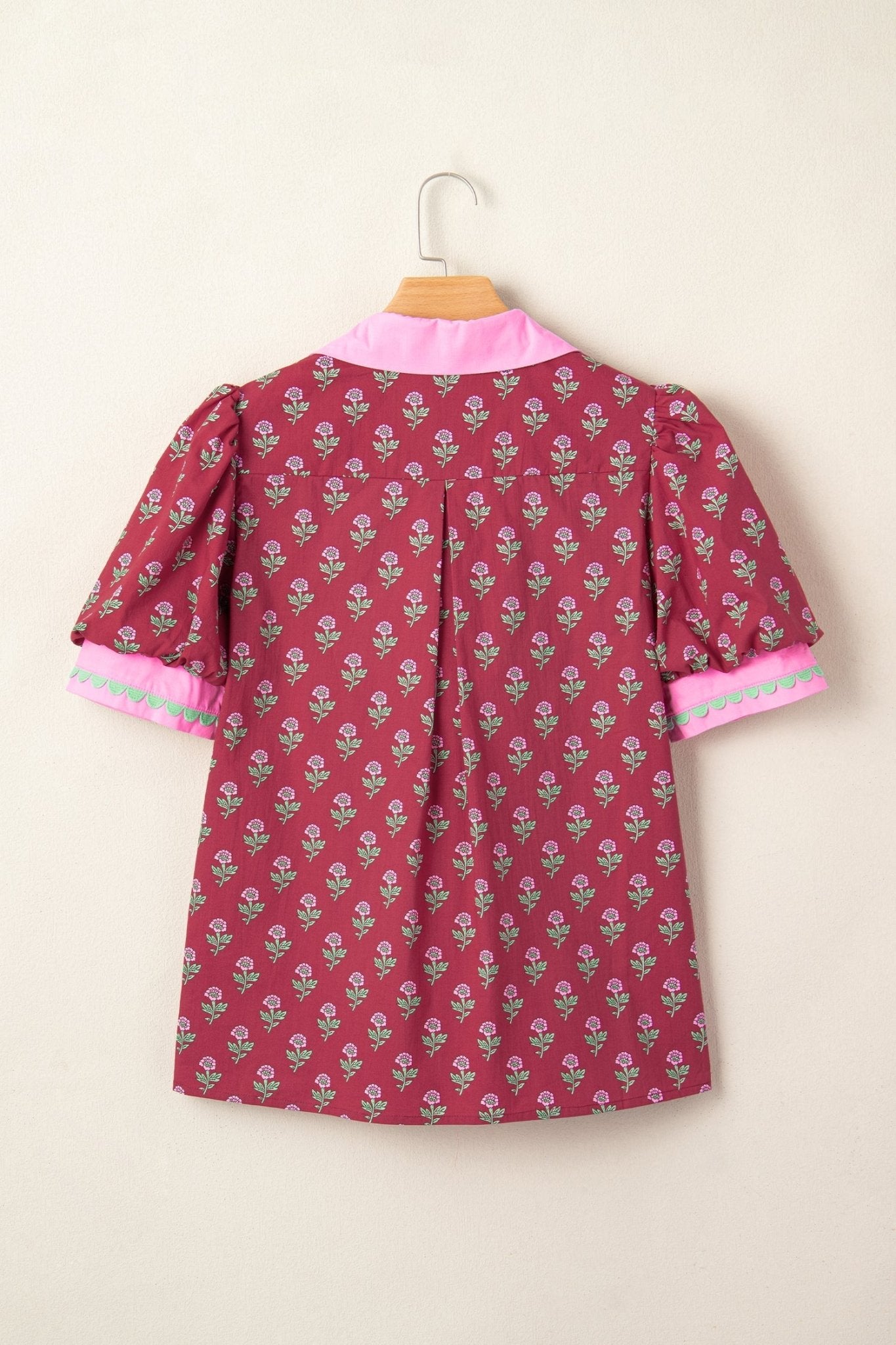 Floral Contrast Collared V-Neck Ricrac-Trim Blouse - Rooted & Reckless Co.