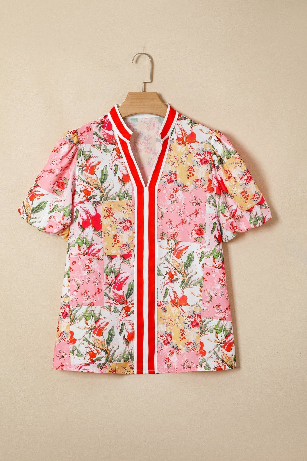 Floral Contrast Collared V-Neck Short Sleeve Blouse - Rooted & Reckless Co.