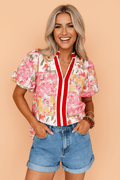 Floral Contrast Collared V-Neck Short Sleeve Blouse - Rooted & Reckless Co.