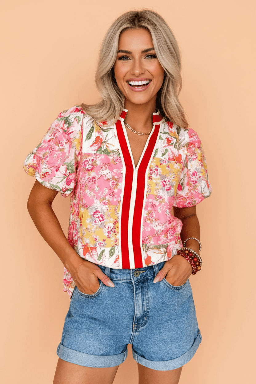Floral Contrast Collared V-Neck Short Sleeve Blouse - Rooted & Reckless Co.