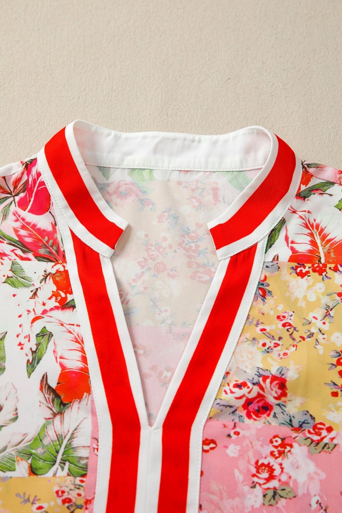 Floral Contrast Collared V-Neck Short Sleeve Blouse - Rooted & Reckless Co.