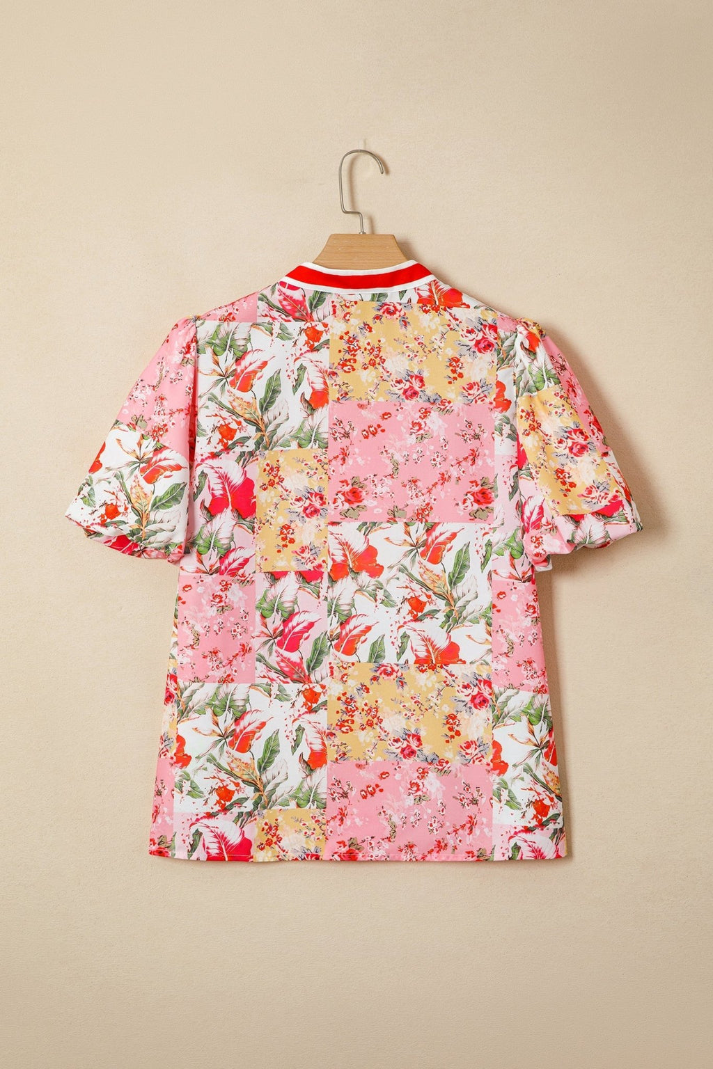 Floral Contrast Collared V-Neck Short Sleeve Blouse - Rooted & Reckless Co.