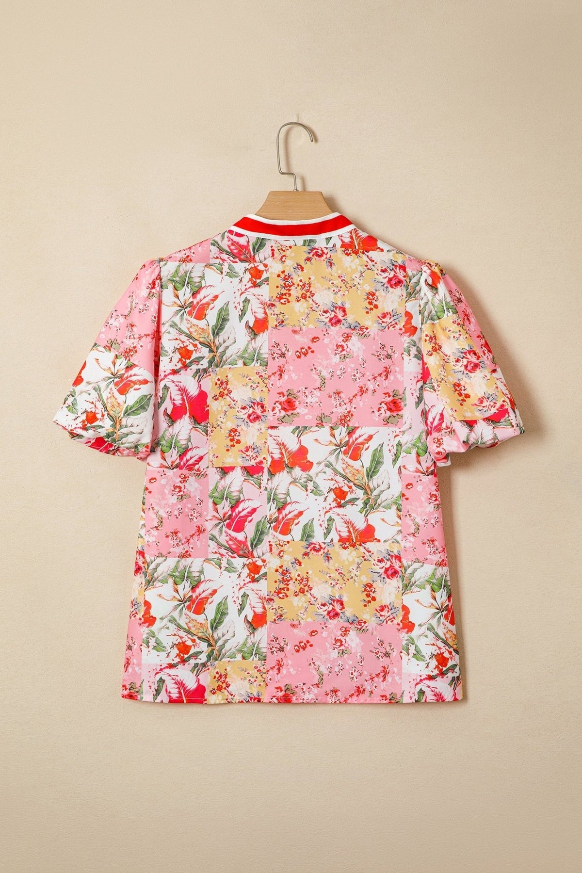 Floral Contrast Collared V-Neck Short Sleeve Blouse - Rooted & Reckless Co.